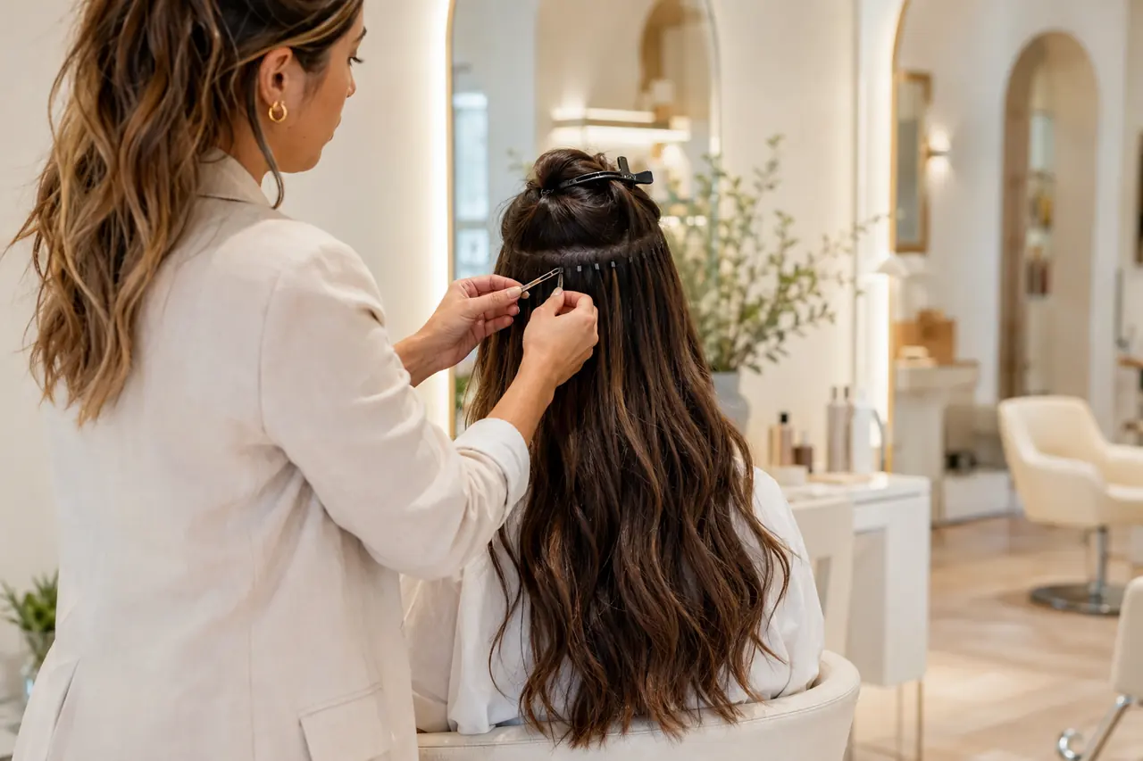 Escena de la colocación de extensiones de cabello
