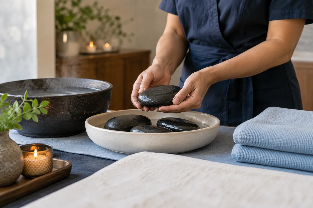 Escena de piedras calientes en Jorana Spa